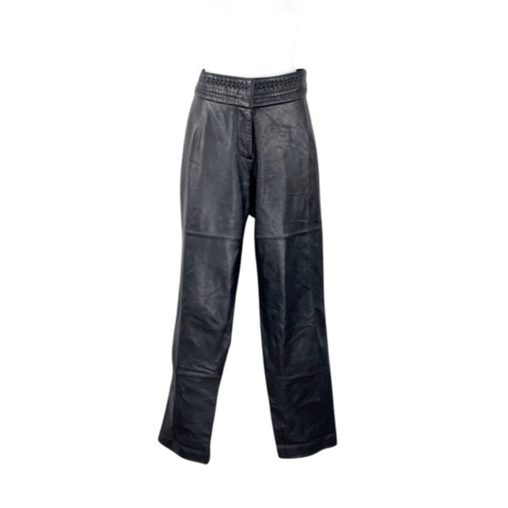 TCM black lamb napa leather motorcycle braided waist straight leg trousers pants